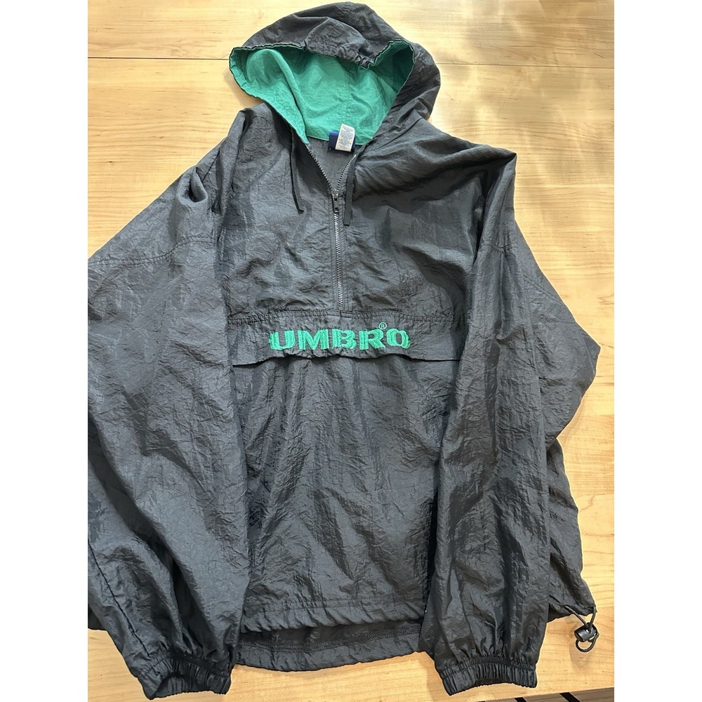 Vtg Umbro Half Zip Windbreaker Jacket Large Green Black Pullover Thin Pouch